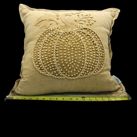 Vtg Shabby Chic Embroidered Textured Pumpkin Decorative Pillow Beige Cotton 19" - Picture 11 of 11